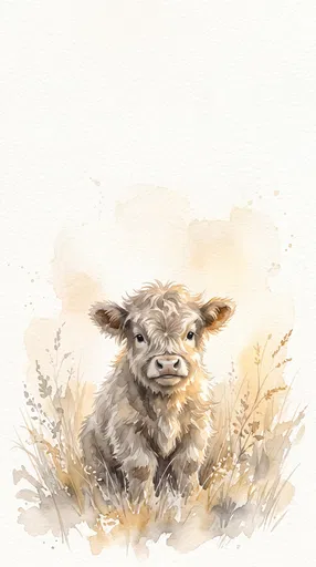 Watercolor Highland Calf in Meadow Grass