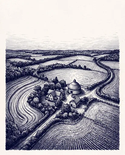 Aerial Ink Drawing of Rural Homestead