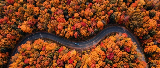 Aerial View of Winding Autumn Road