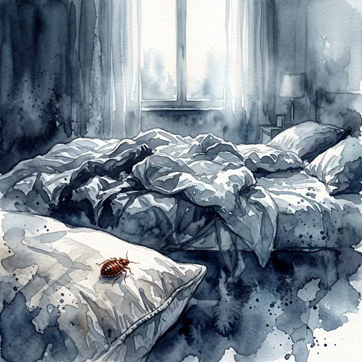 Watercolor Illustration of Bed Bug on Pillow