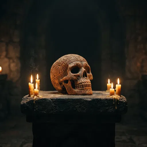 Carved Terracotta Skull on Candlelit Altar