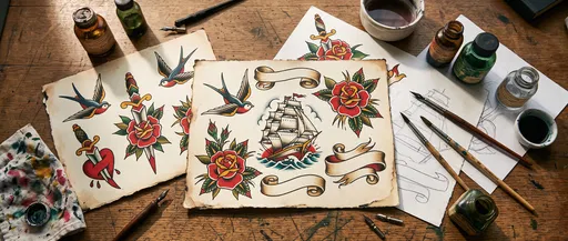 Traditional Tattoo Flash Sheets on Artist Desk