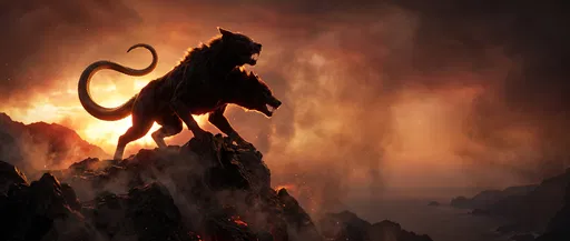 Two-Headed Mythological Hound on Volcanic Ridge
