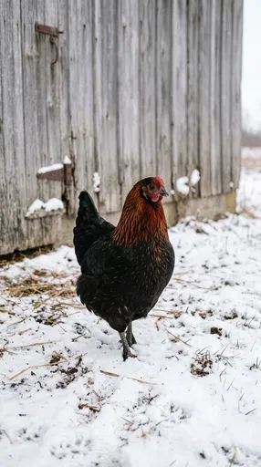 Black Copper Marans Hen in Winter Snow