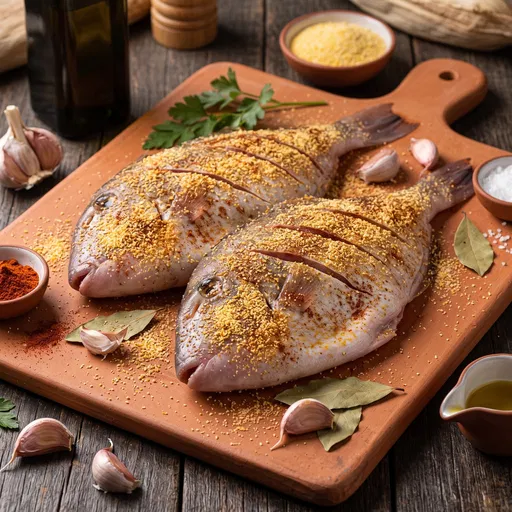 Seasoned Raw Fish on Terracotta Board