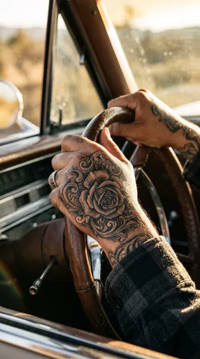 Tattooed Hands Gripping Vintage Steering Wheel