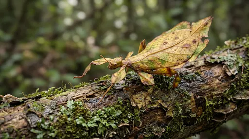 Walking Leaf Insect on Mossy Branch
