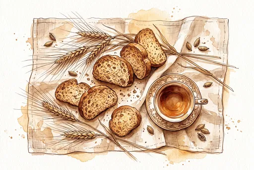 Sepia Watercolor Rusk Biscuits and Teacup