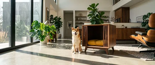 Shiba Inu Beside Modern Indoor Doghouse