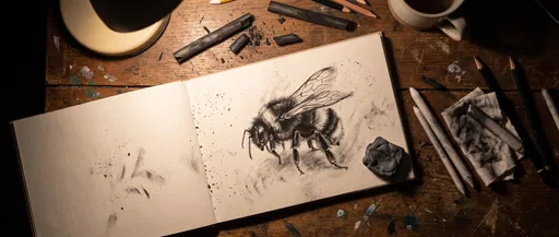 Charcoal Bumblebee Sketch on Artist Workspace