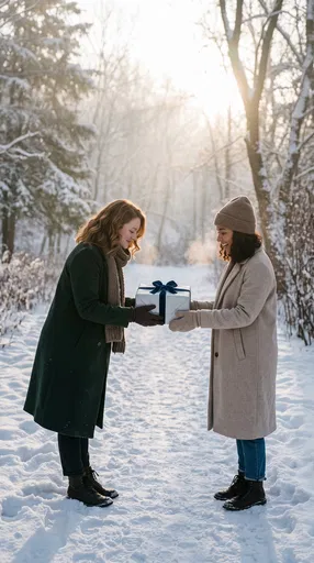 Two Friends Exchanging Gift in Snowy Park