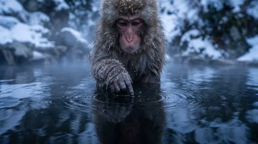 Japanese Macaque Touching Hot Spring Water