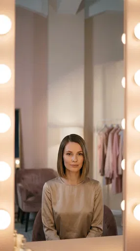Woman With Sleek Bob at Vanity Mirror