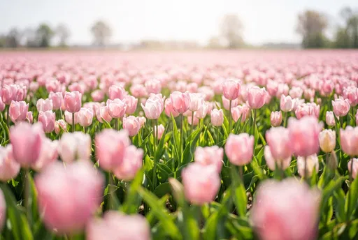 Sunlit Pastel Pink Tulip Field in Spring