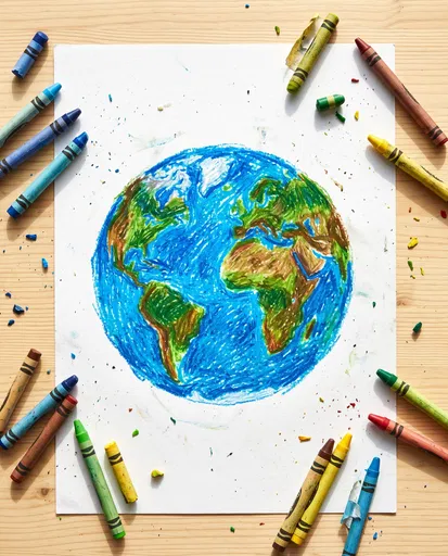 Crayon Drawing of Earth Flat Lay