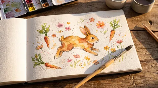 Watercolor Bunny Illustration in Open Sketchbook