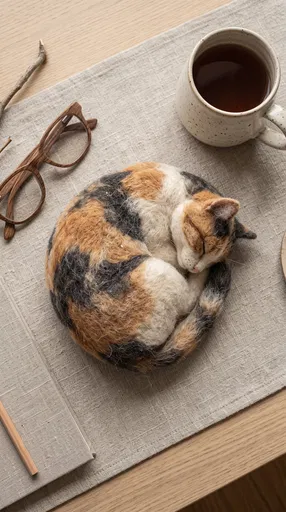 Needle Felted Calico Cat on Desk Mat