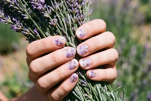 Hands With Floral Nail Art Holding Lavender
