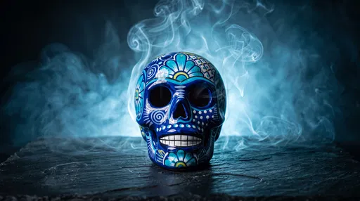 Blue Ceramic Sugar Skull With Smoke