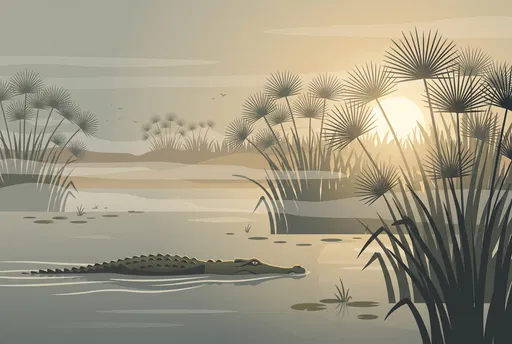 Crocodile Swimming in Misty Papyrus Wetlands