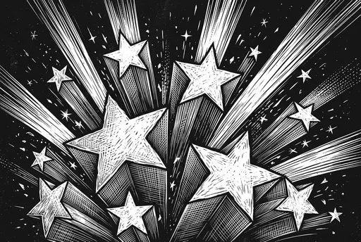 Monochrome Scratchboard Bursting Stars Illustration