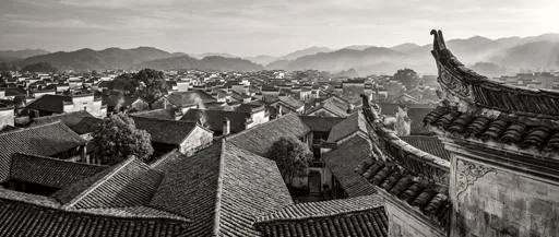 Monochrome Panorama of Traditional Chinese Village Roofs