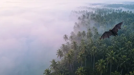 Large Bat Soaring Over Misty Palm Forest