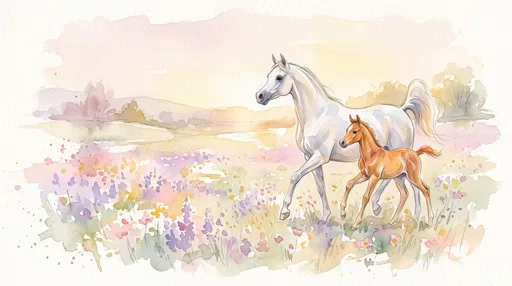 Watercolor Arabian Mare and Foal in Meadow