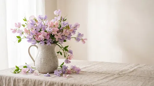 Pastel Sweet Peas in Ceramic Pitcher