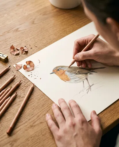 Artist Drawing Songbird With Colored Pencils