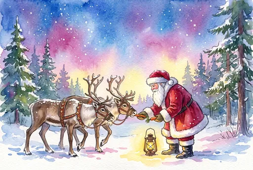 Watercolor Santa Feeding Reindeer in Forest