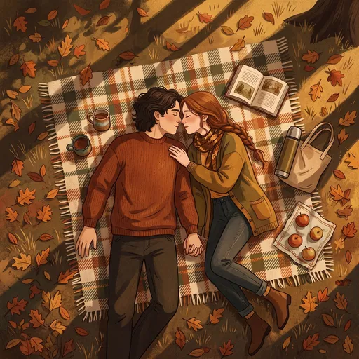 Couple Kissing on Autumn Picnic Blanket