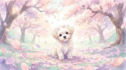 Watercolor White Puppy Under Cherry Blossoms
