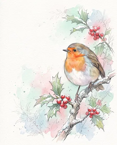 Watercolor Robin on Holly Branch Illustration