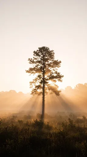 Lone Pine Tree at Misty Sunrise
