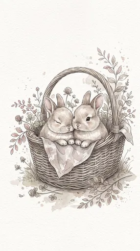 Watercolor Bunnies in Woven Basket