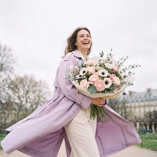 Joyful Woman Holding Pastel Flower Bouquet