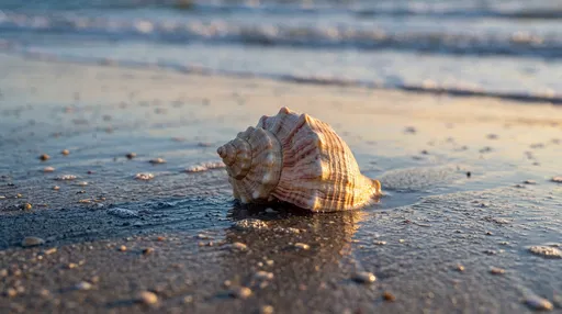 Spiral Seashell on Wet Beach Sand