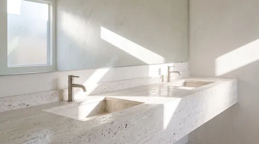 Minimalist Travertine Double Sink Bathroom Vanity