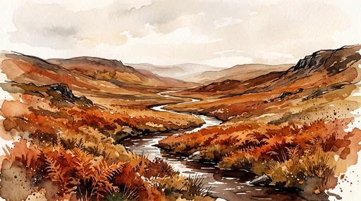 Watercolor Autumn Highlands and Winding Stream