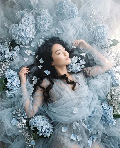 Woman Lying in Blue Hydrangeas and Tulle