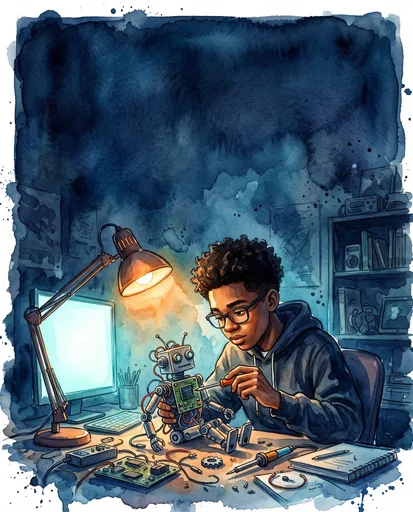 Teenage Boy Building Robot Watercolor Illustration