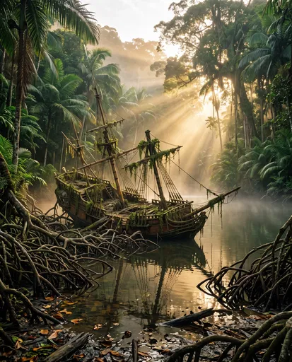 Wrecked Pirate Ship in Jungle Lagoon