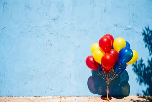 Primary Colored Balloons Against Blue Wall
