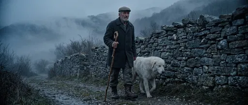 Elderly Shepherd Walking With White Sheepdog