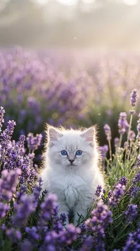 Fluffy White Kitten in Lavender Field