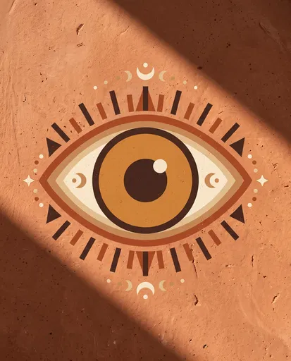 Stylized Geometric Eye on Terracotta Surface
