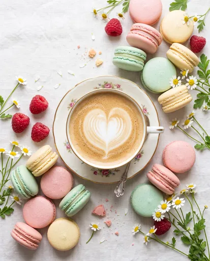 Latte Art Teacup and Pastel Macarons
