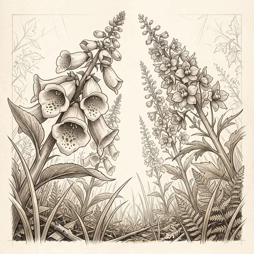 Vintage Botanical Foxglove and Delphinium Drawing