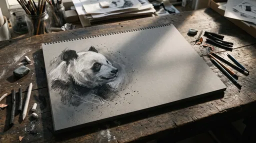 Charcoal Panda Sketch on Artist Desk